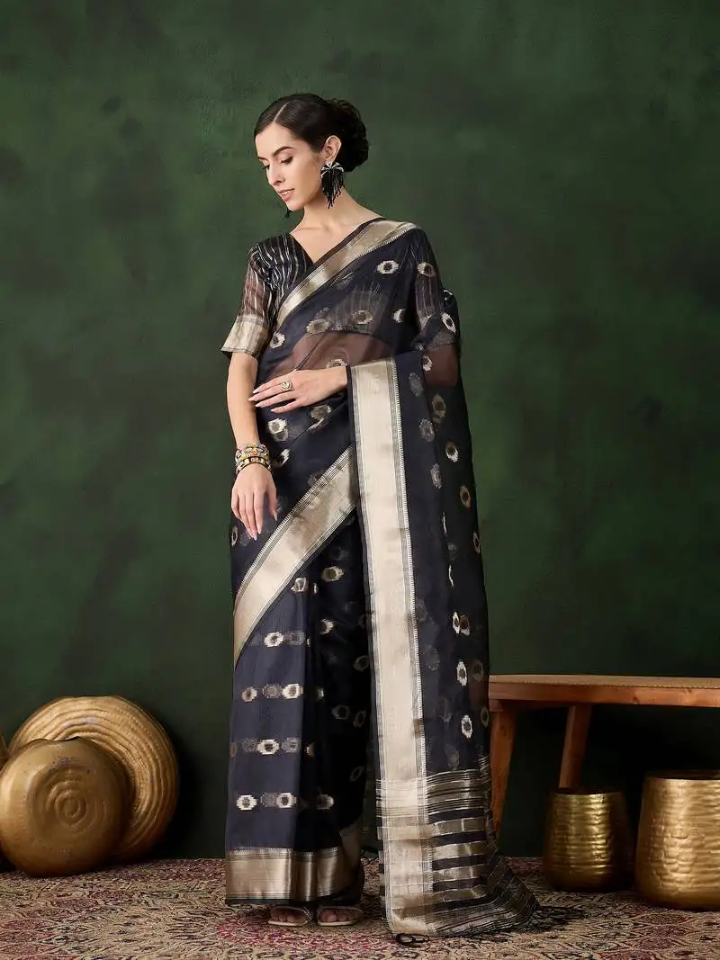 Navy blue khadi organza jacquard saree