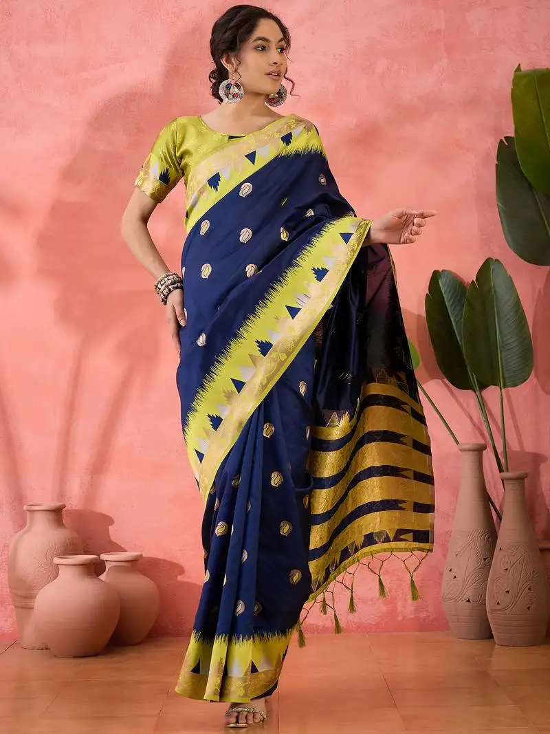Blue poly cotton jacquard saree