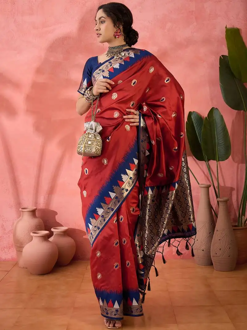 Red poly cotton jacquard saree