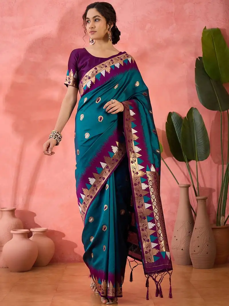 Teal poly cotton jacquard saree