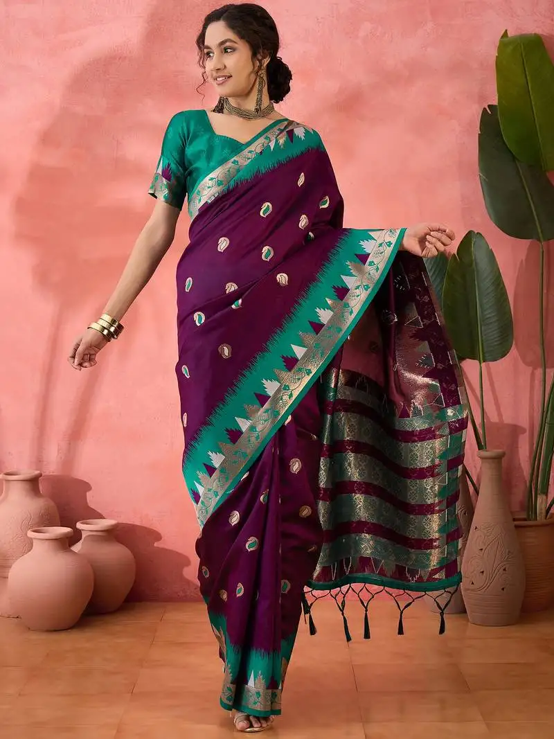 Wine poly cotton jacquard saree
