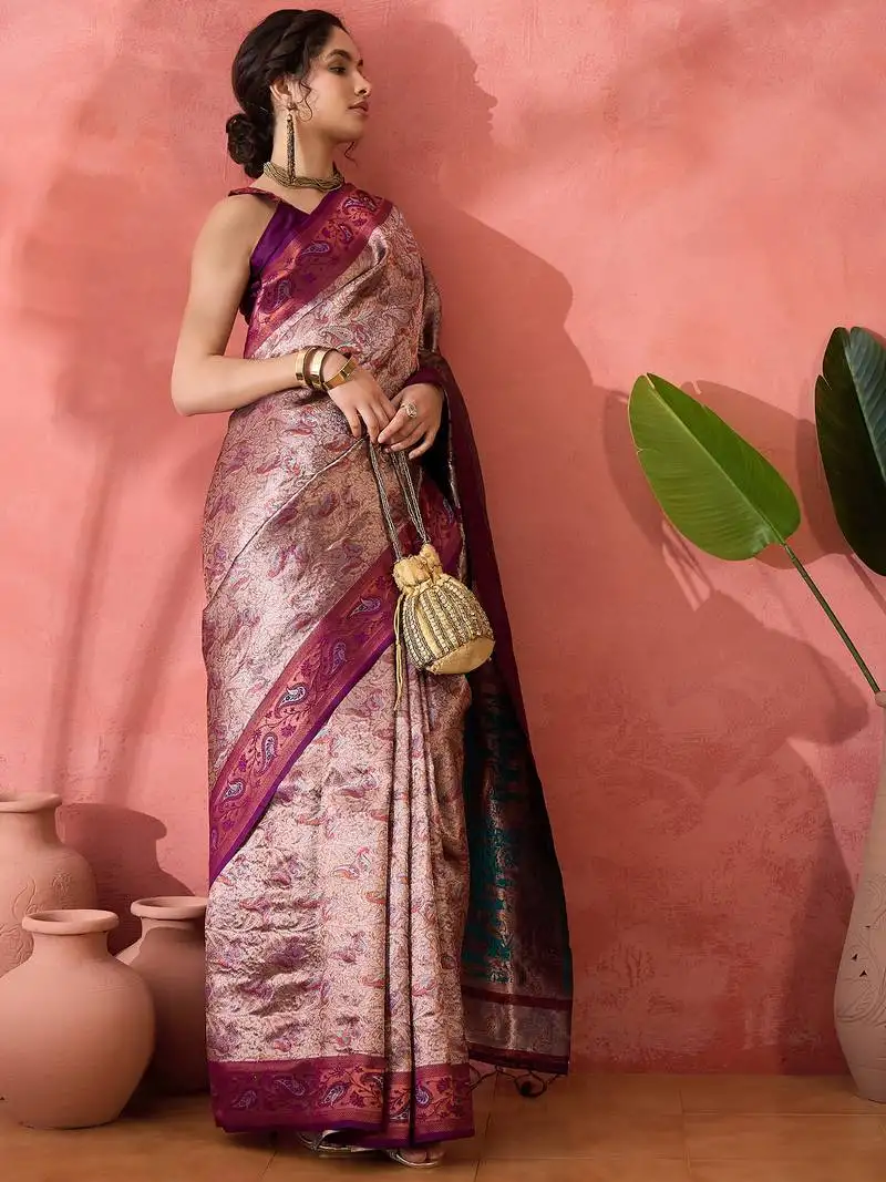 Maroon poly silk blend saree with blouse