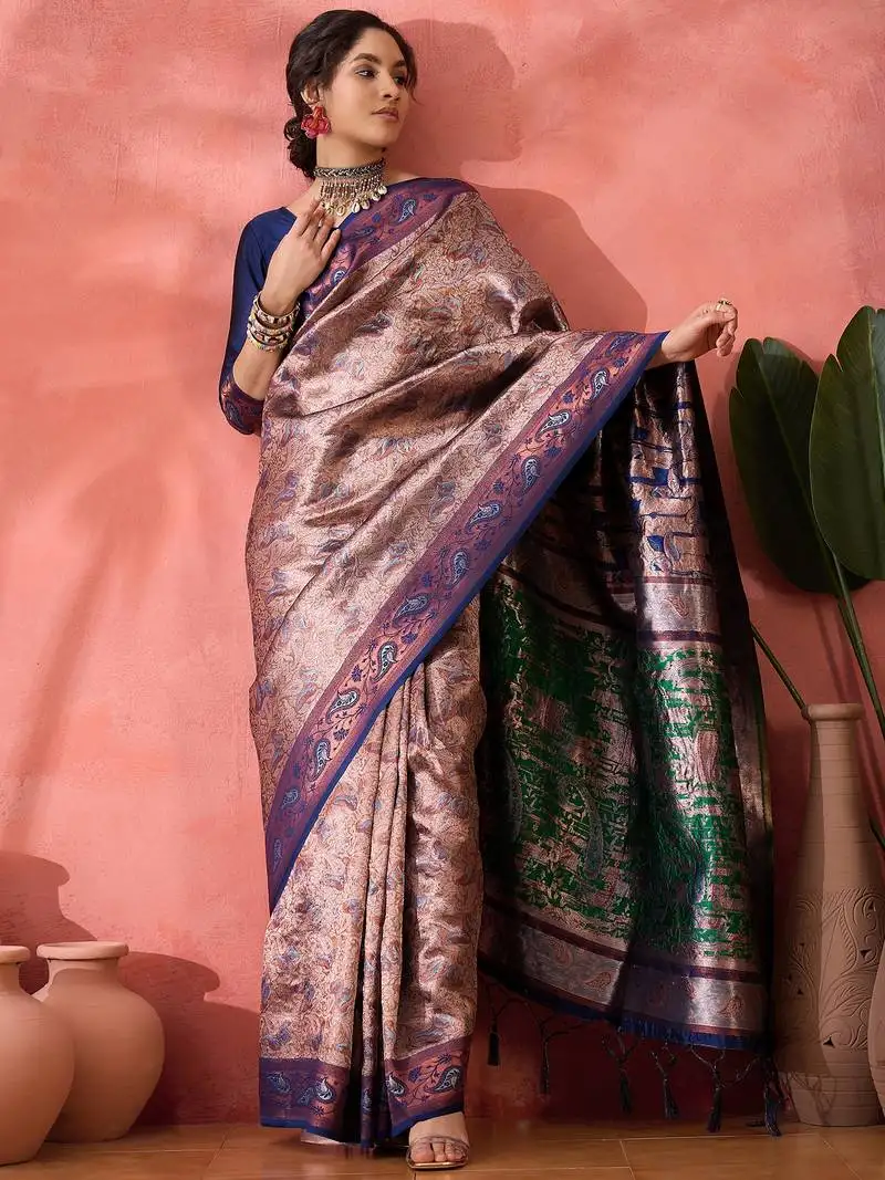 Navy blue poly silk blend saree with blouse
