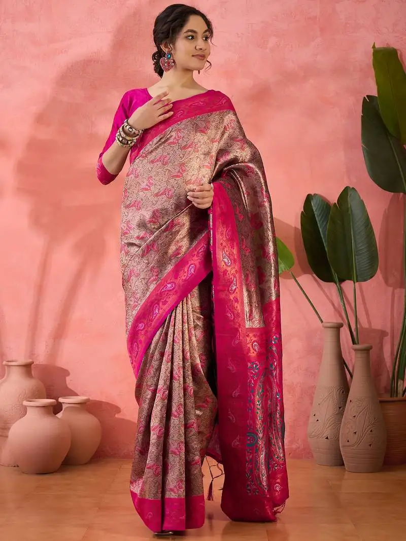 Pink poly silk blend saree with blouse