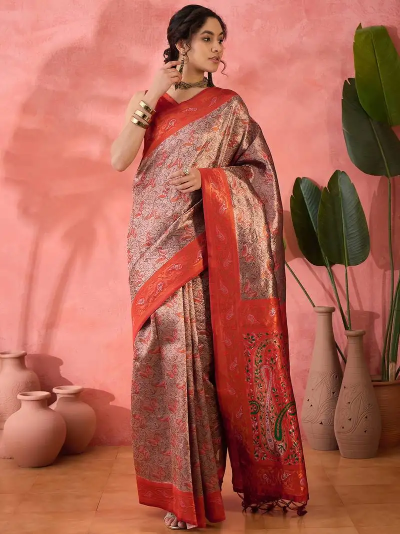 Red poly silk blend saree with blouse
