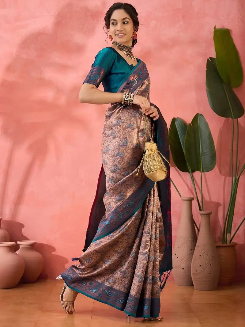 Teal poly silk blend saree with blouse