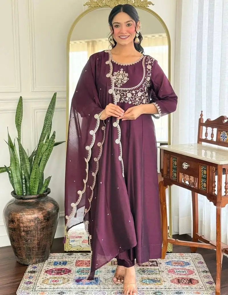 Women beautiful vichitra silk fabric flared kurta, pant and dupatta set