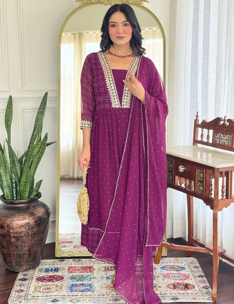 Women beautiful georgette fabric angrakha kurta, pant and dupatta set