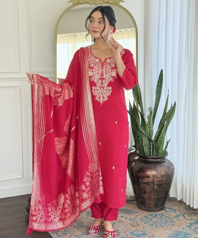 Women gorgeous roman silk fabric straight kurta, pant and dupatta set