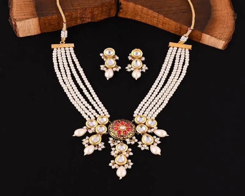 White pearl meena necklace set