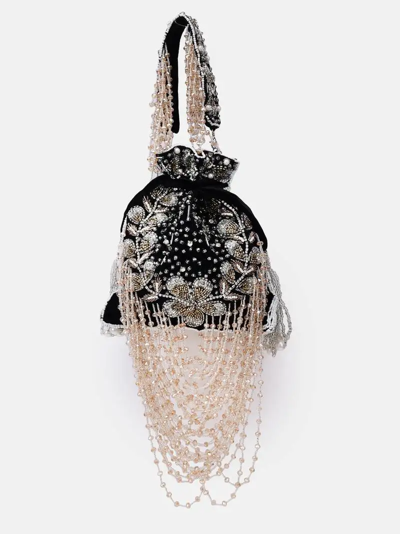 Black velvet embroidered bridal potli bag