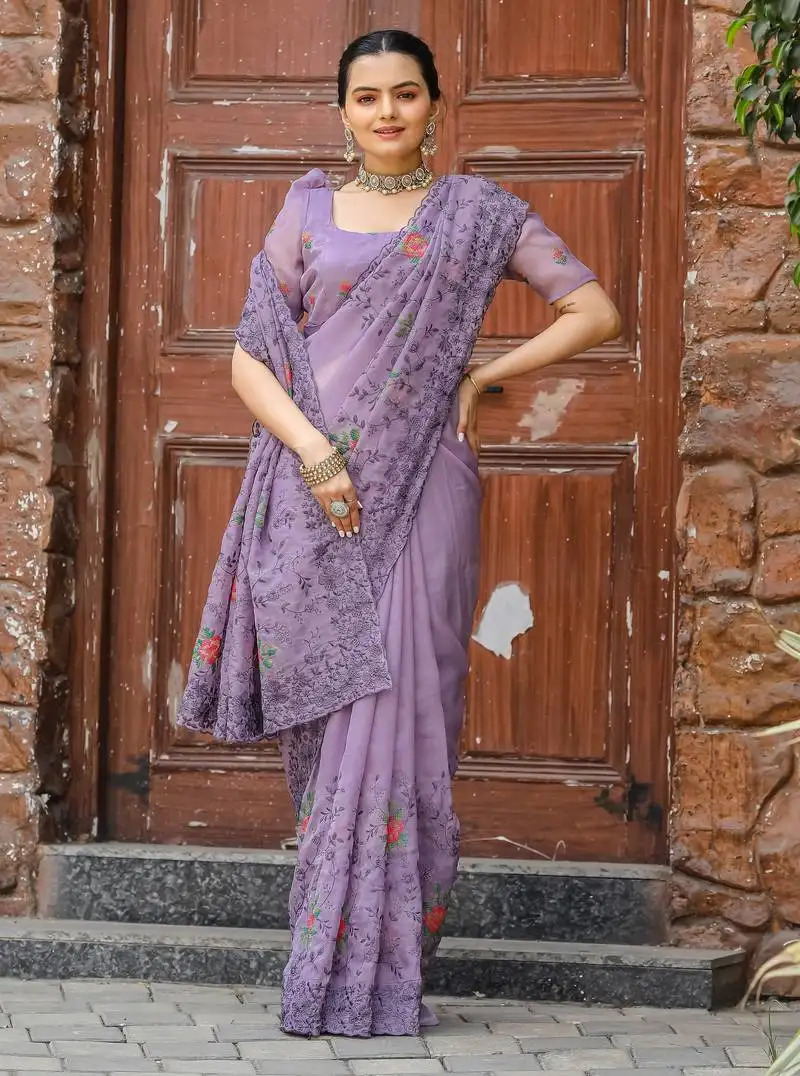 Lavender floral embroidered chiffon saree