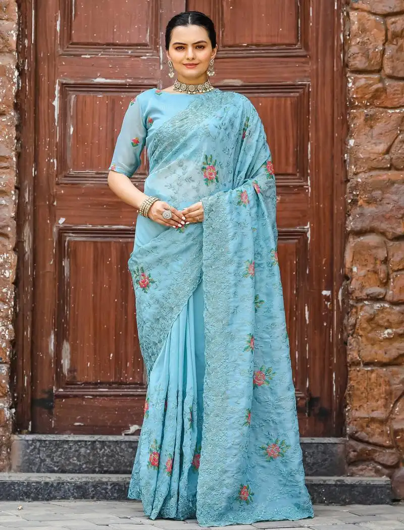 Blue floral embroidered chiffon saree