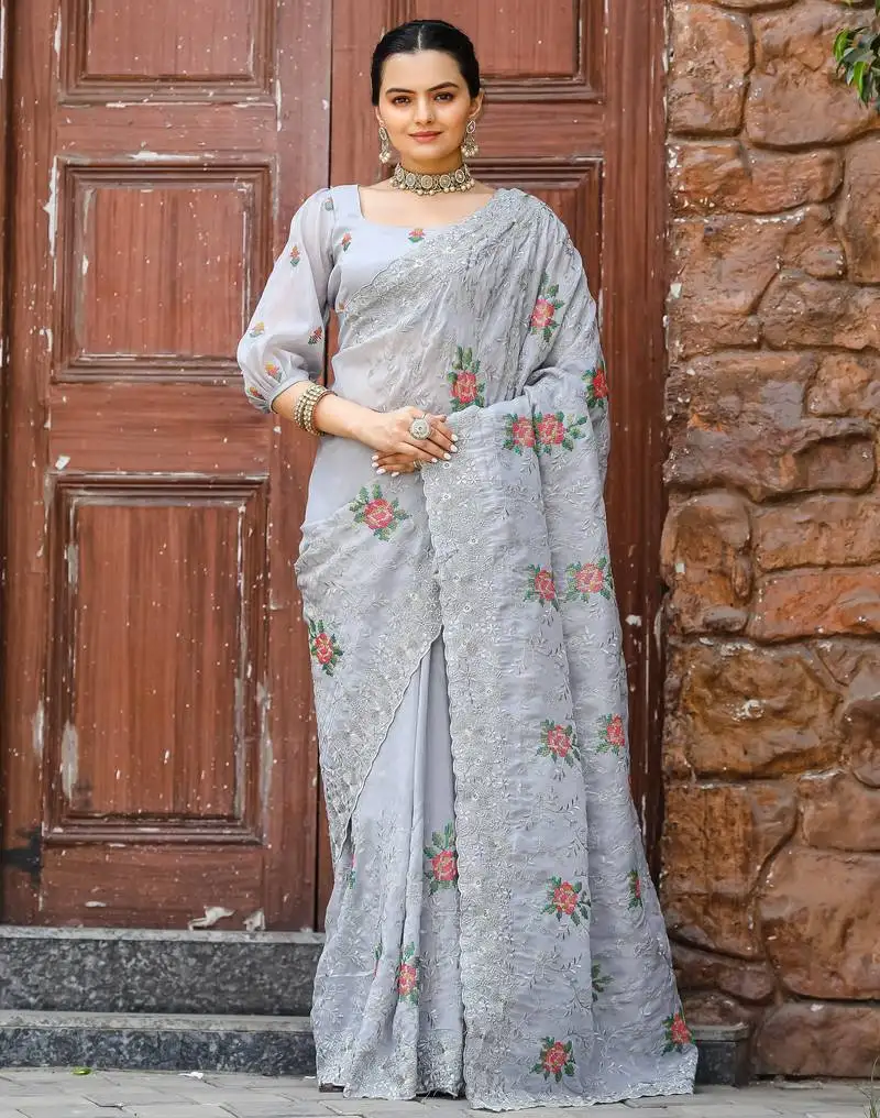 Grey floral embroidered chiffon saree