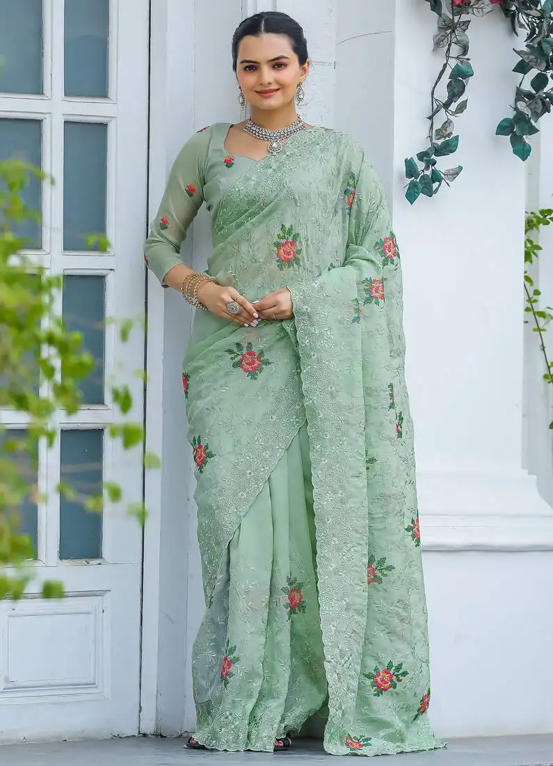 Light green floral embroidery chiffon saree