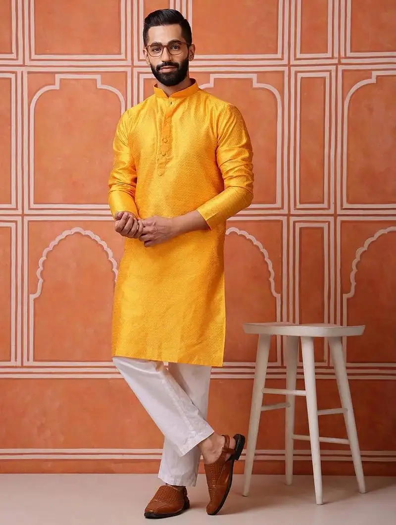 Men mustard yellow georgette kurta featuring soft feather feel fabric