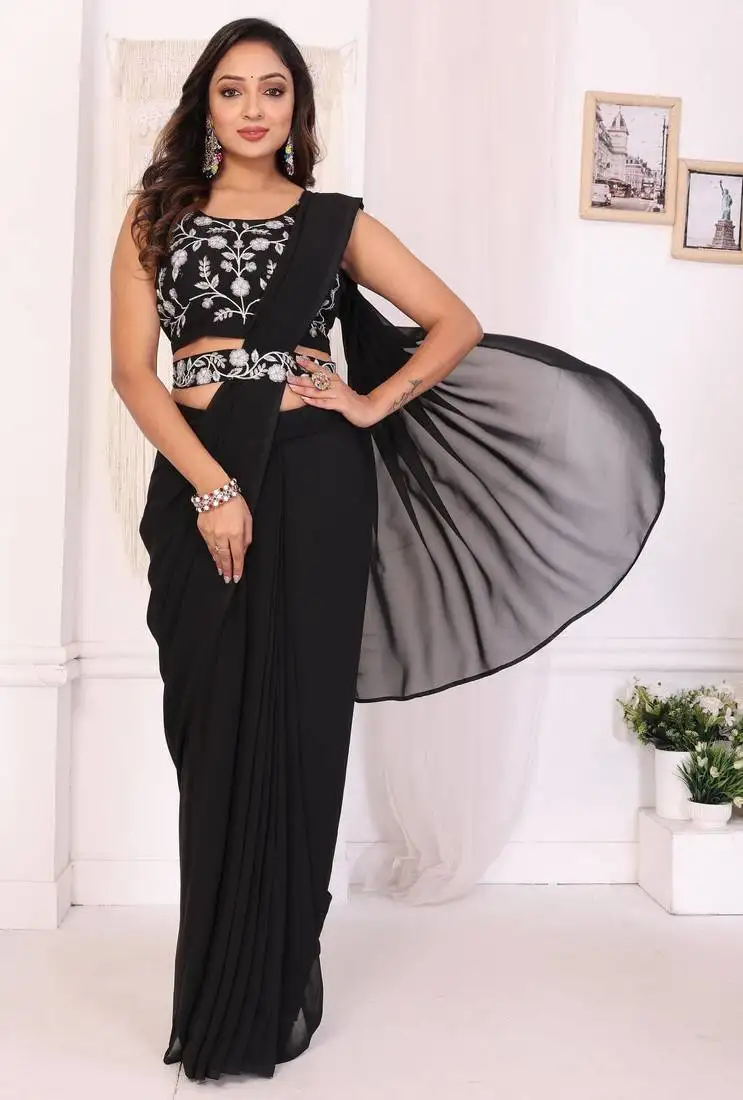 Latest design georgette ready to wear saree with amazing embroidery blouse piece & belt