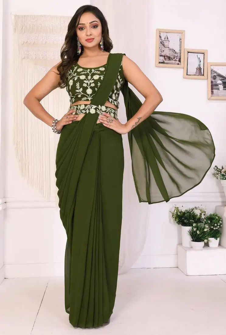 Mehendi georgette ready to wear saree with blouse piece & belt