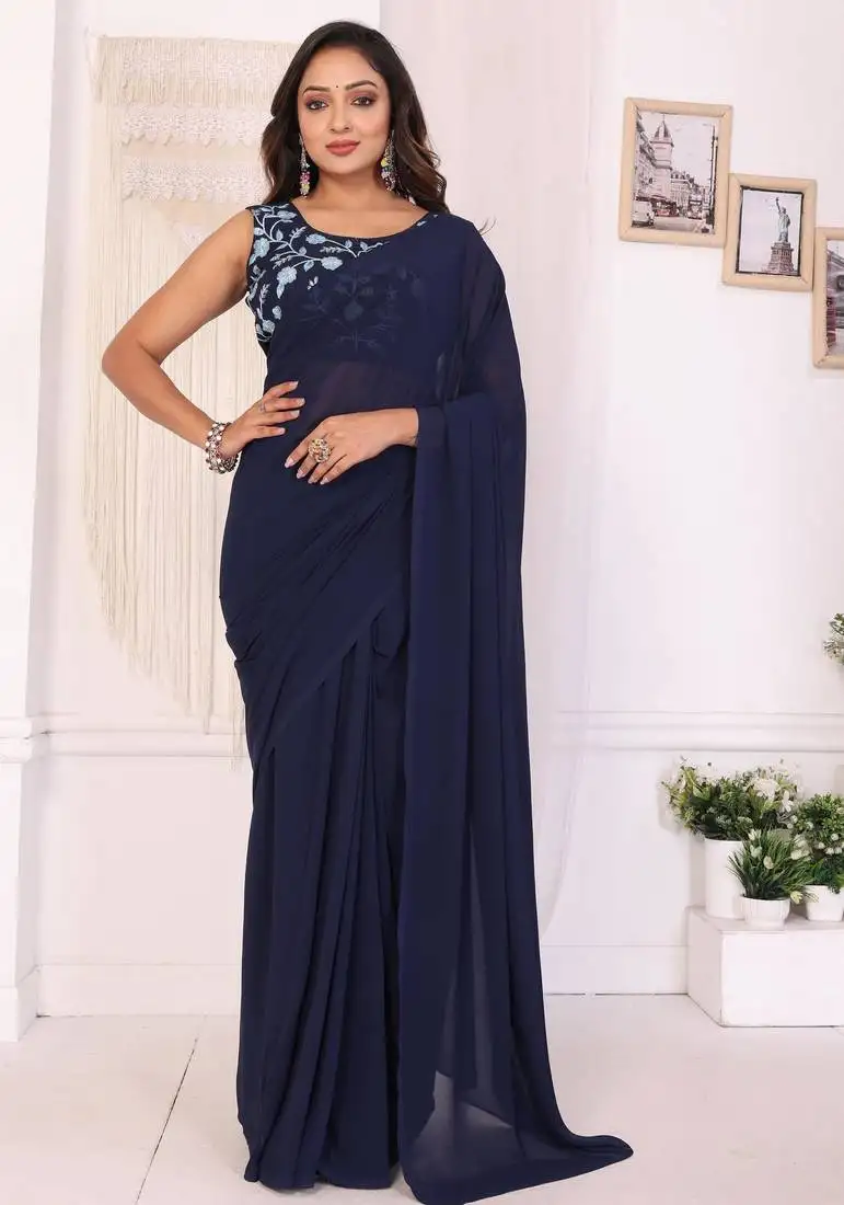 Navy blue georgette ready to wear saree with blouse piece & belt