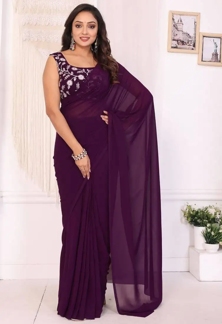 Wine georgette ready to wear saree with blouse piece & belt