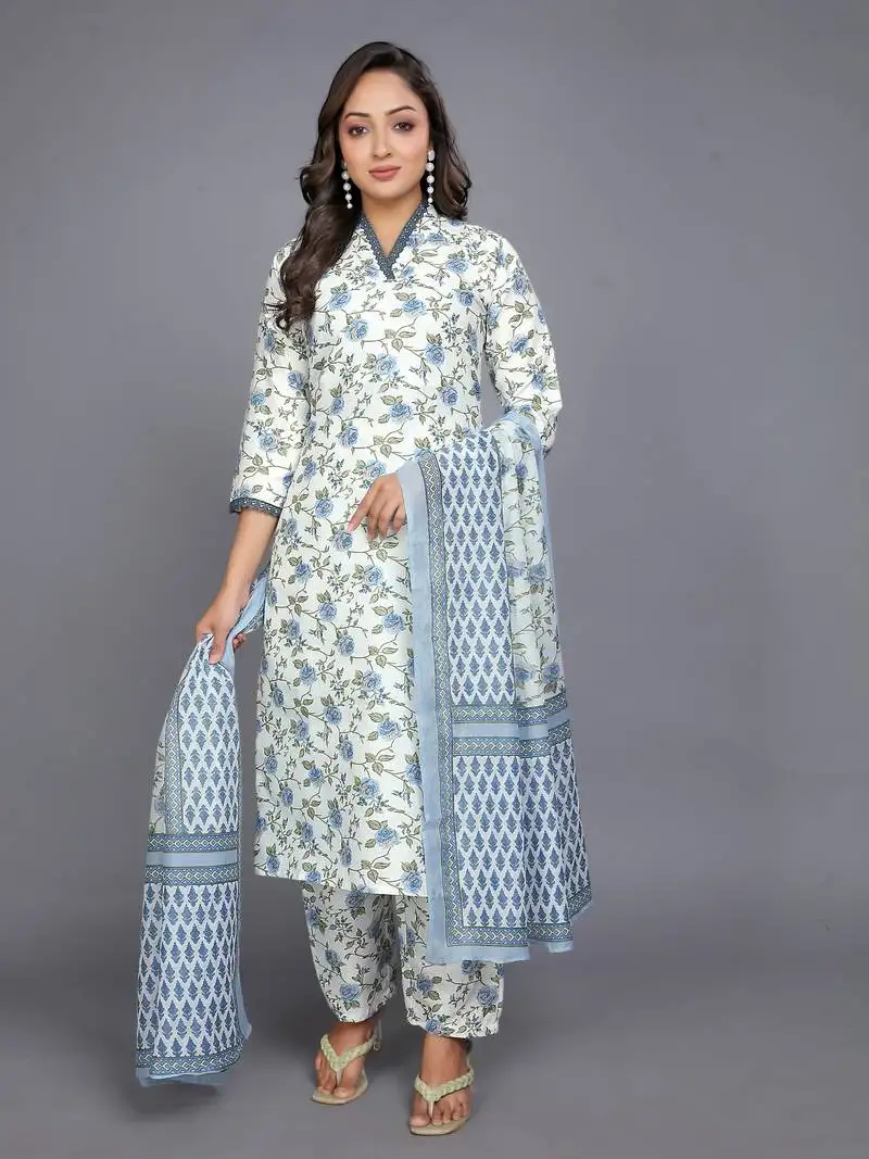 Women's printed cotton slub fabric staight kurta, pant and dupatta set