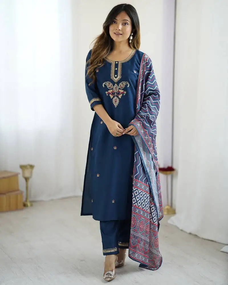 Navy blue chanderi silk embroidered suit stitched