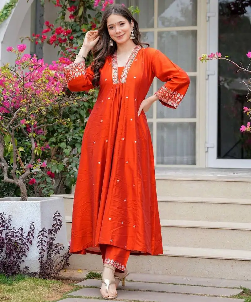 Women beautiful viscose chanderi fabric flared kurta, pant and dupatta set
