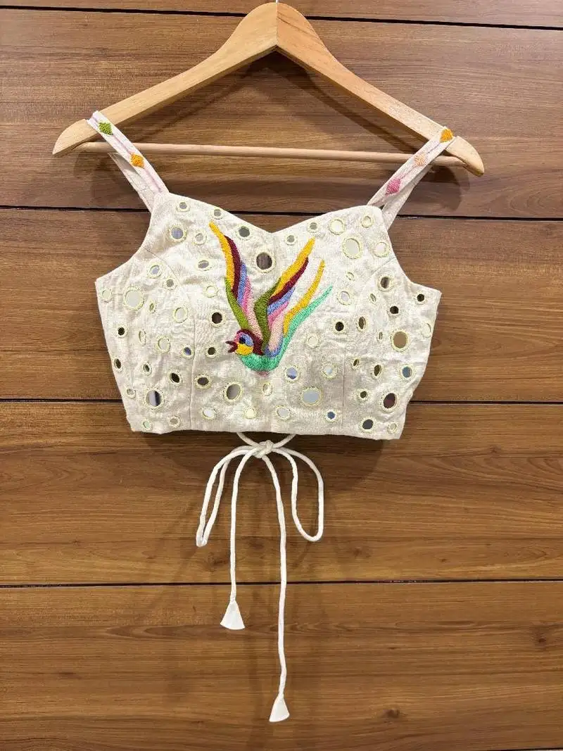 Offwhite real mirror hand work sleeveless blouse
