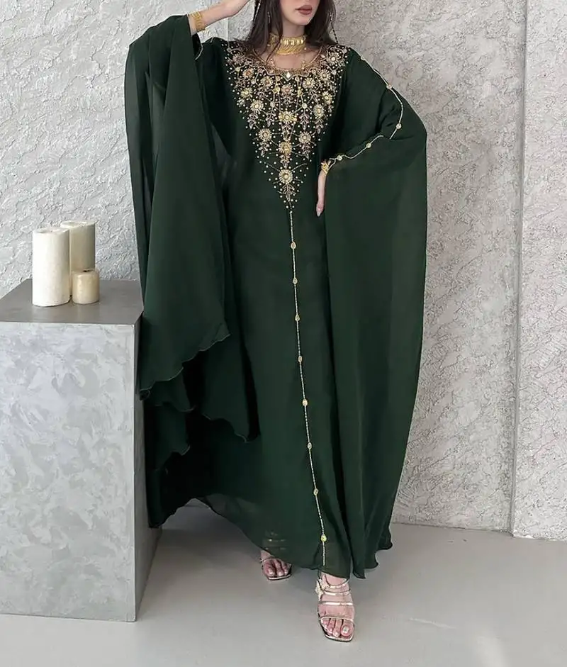 Green georgette handcrafted zari neck work stitched kaftan