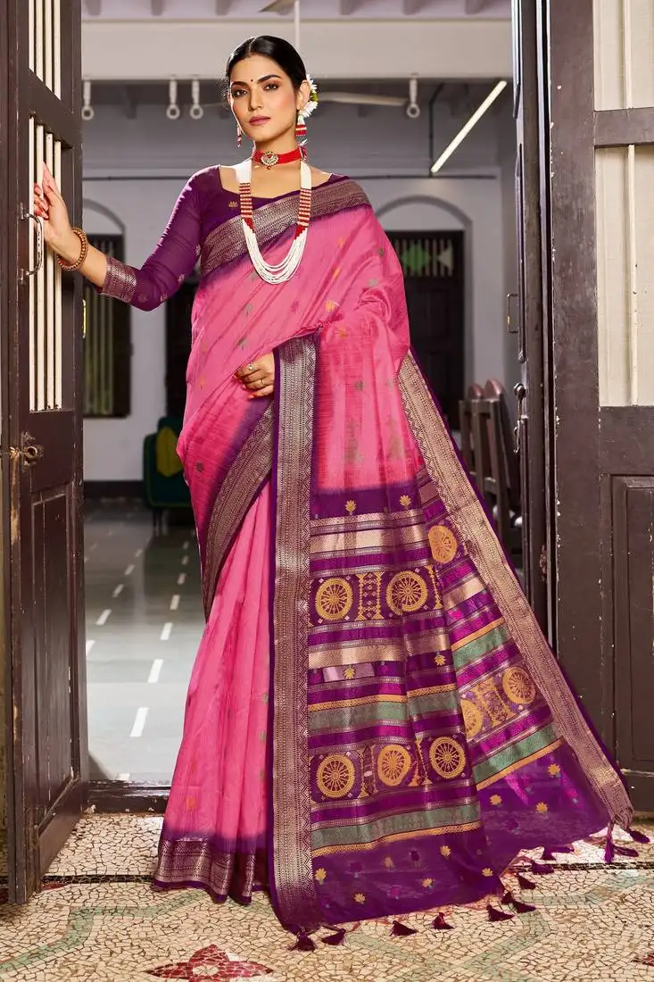 Pink elegant slub blend linen thread work tassels saree with blouse