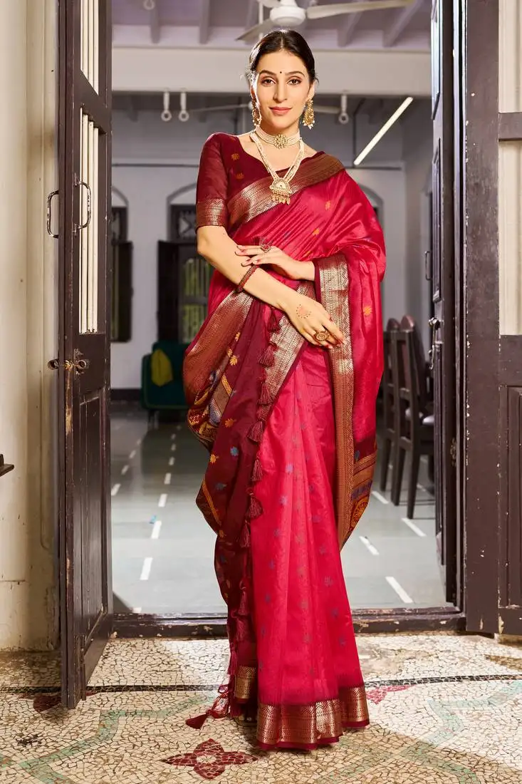 Red elegant slub blend linen thread work tassels saree with blouse
