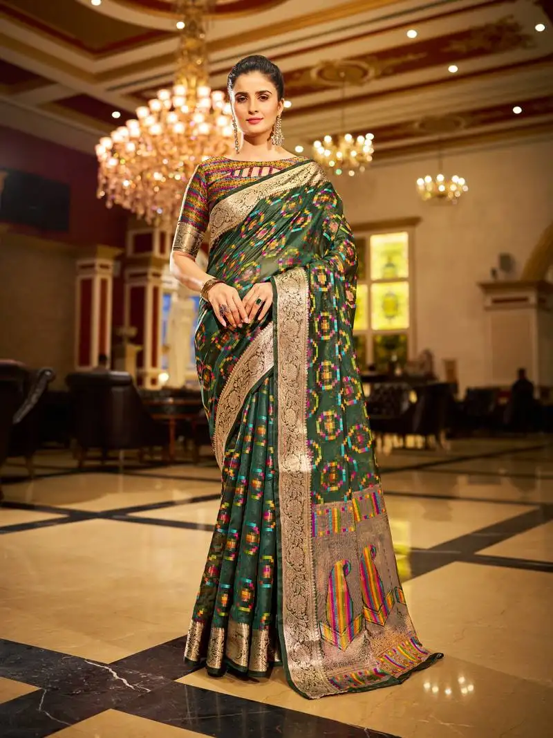 Green organza silk blend zari border festive wear saree with blouse piece