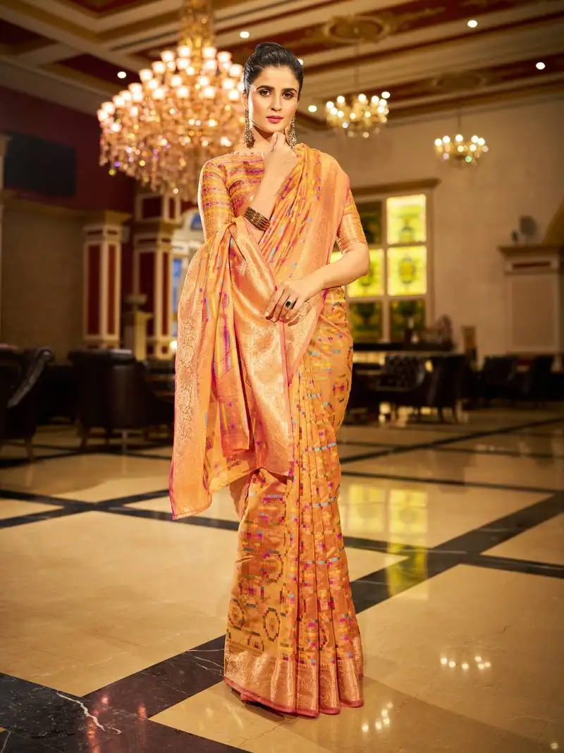 Yellow organza silk blend zari border festive wear saree with blouse piece