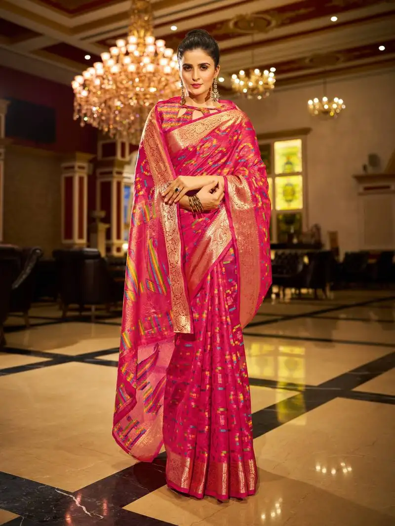 Pink organza silk blend zari border festive wear saree with blouse piece