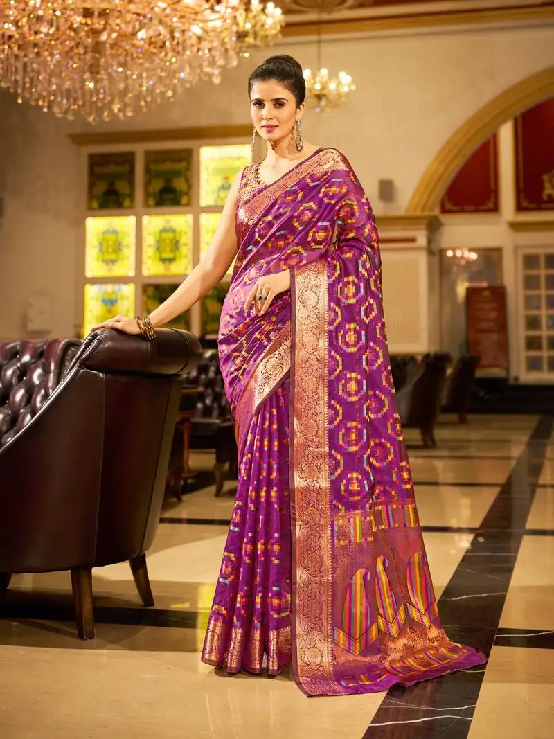 Purple organza silk blend zari border festive wear saree with blouse piece