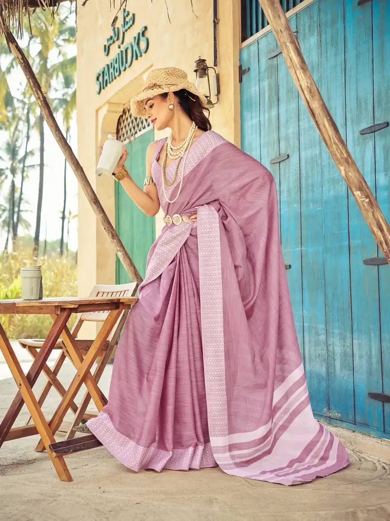 Light pink linen thread work border saree with blouse