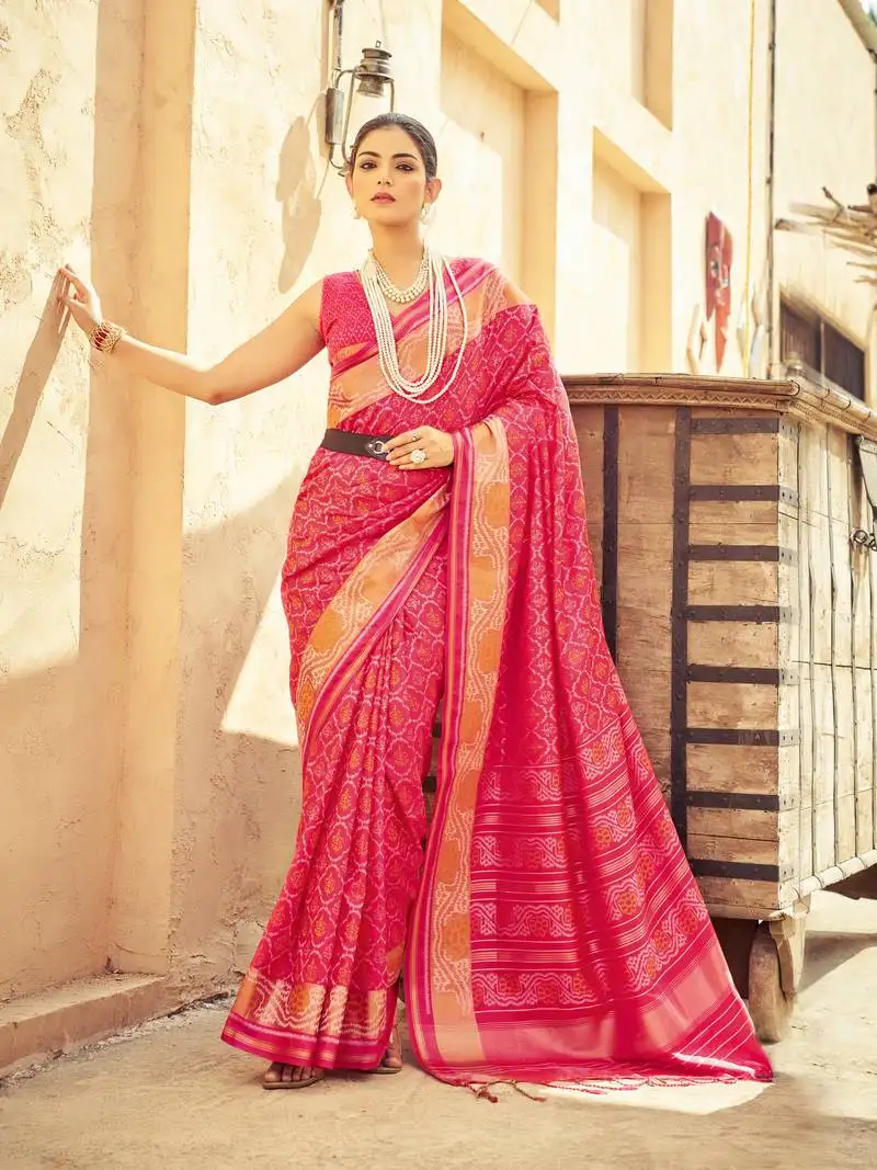 Pink elegant cotton blend festive wear saree with blouse