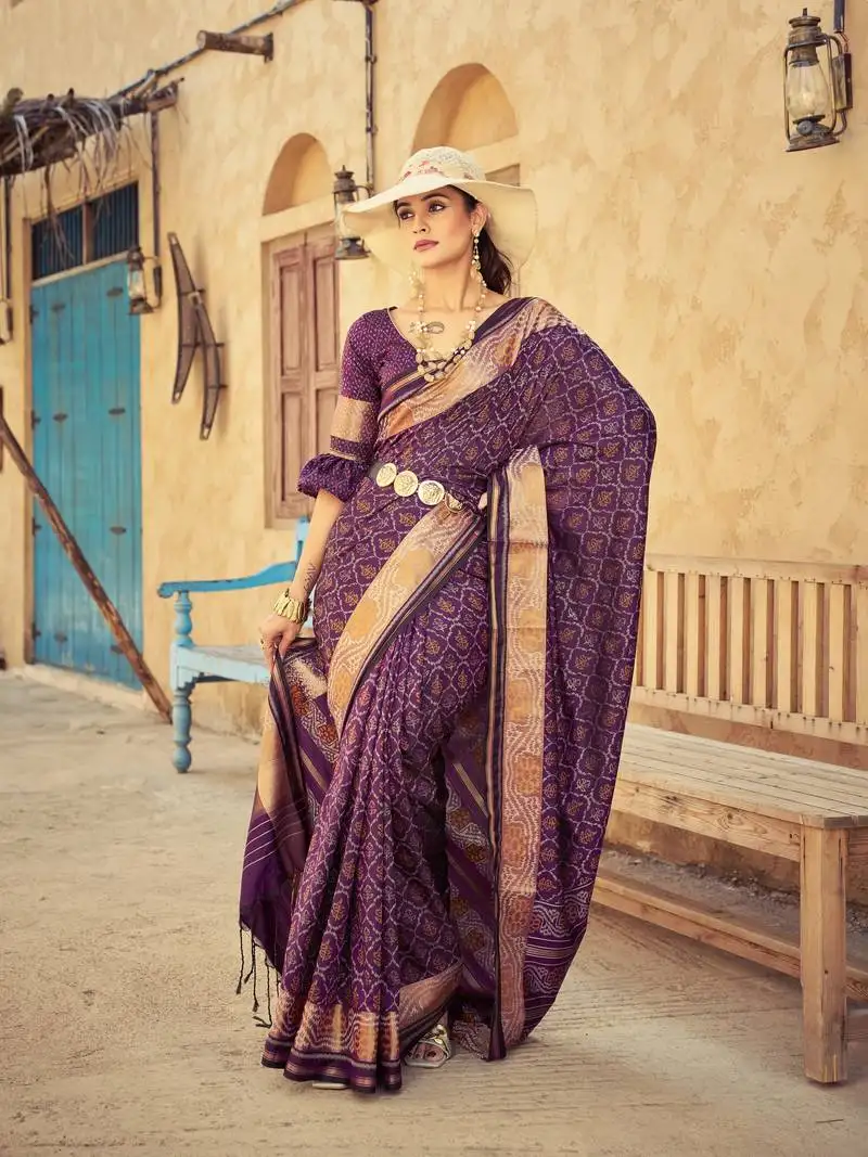 Wine elegant cotton blend festive wear saree with blouse