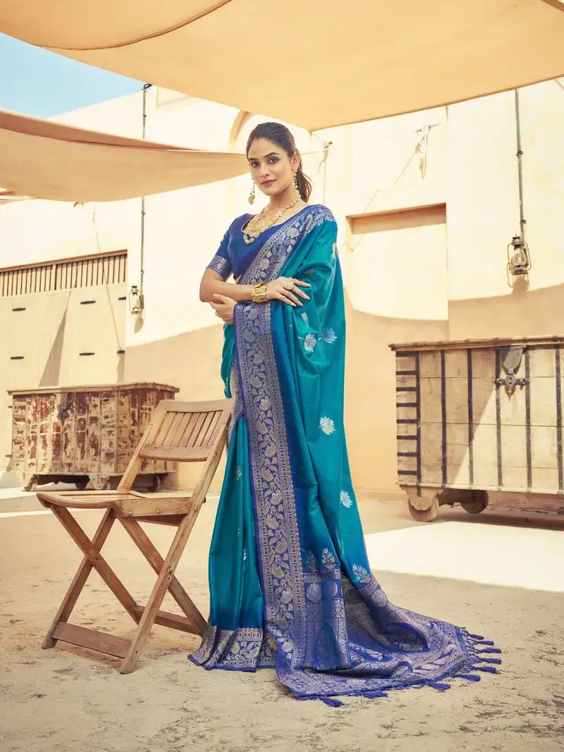 Teal elegant silk blend festive wear thread work beautiful border saree with blouse