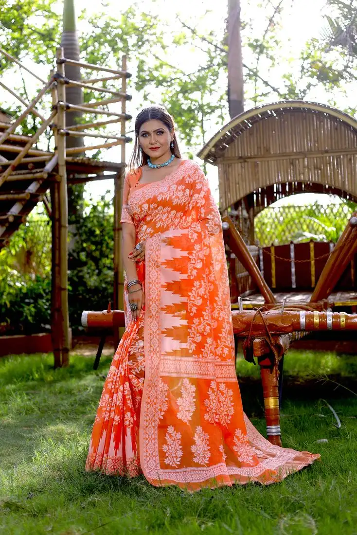 Orange cotton saree with blouse