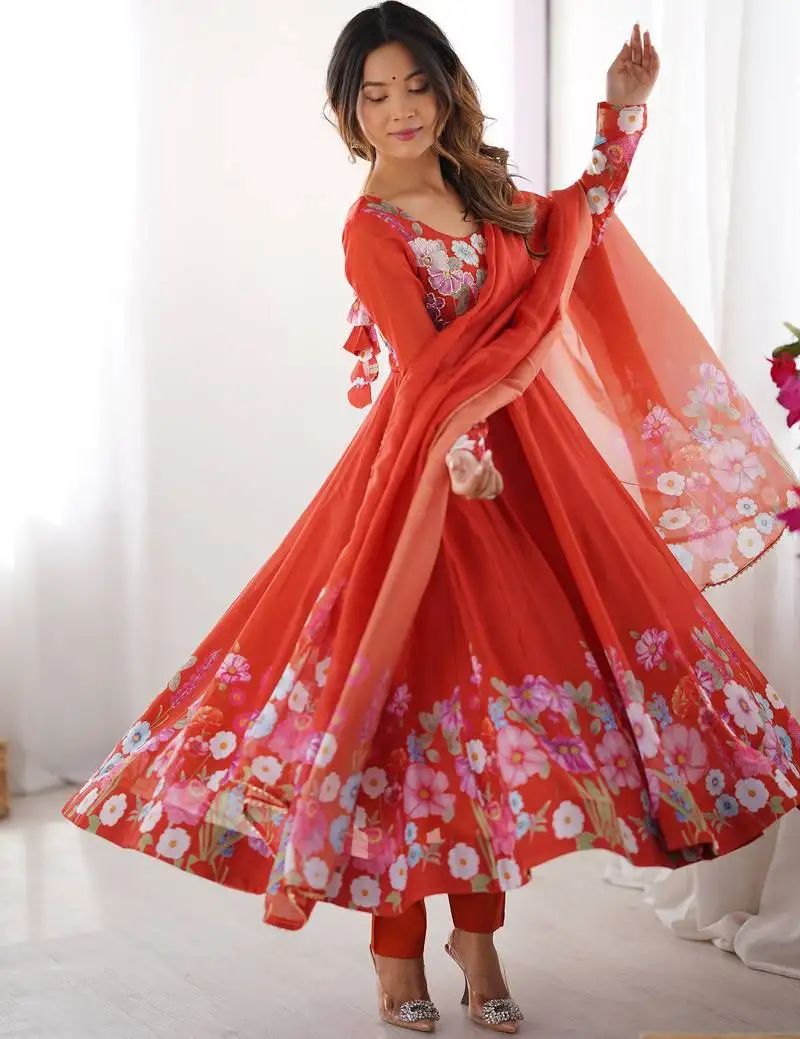 Orange floral printed organza festive wear anarkali suit stitched