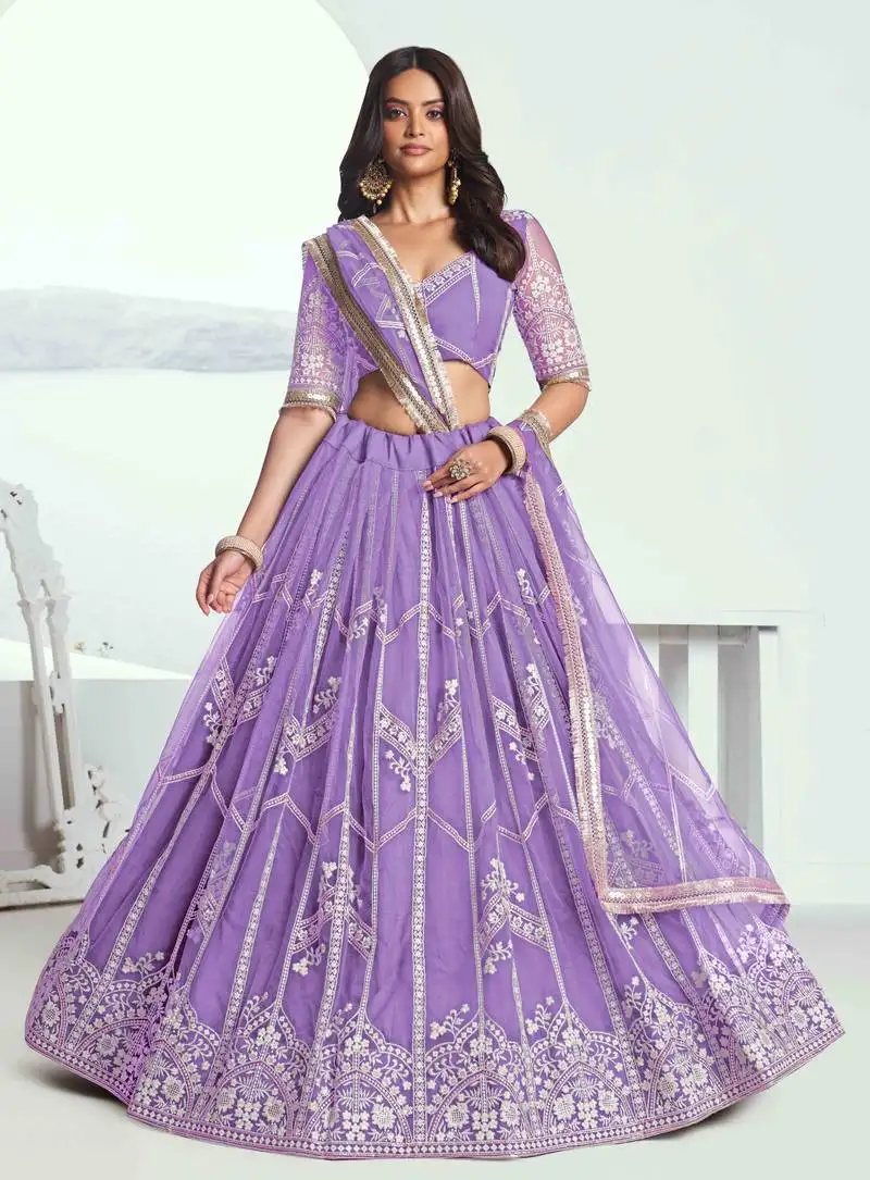 Lander net fabric lehenga with sequins and thread embroidery work