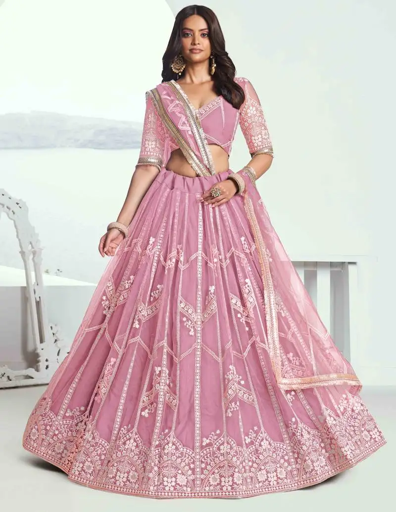 Pink net fabric lehenga with sequins and thread embroidery work