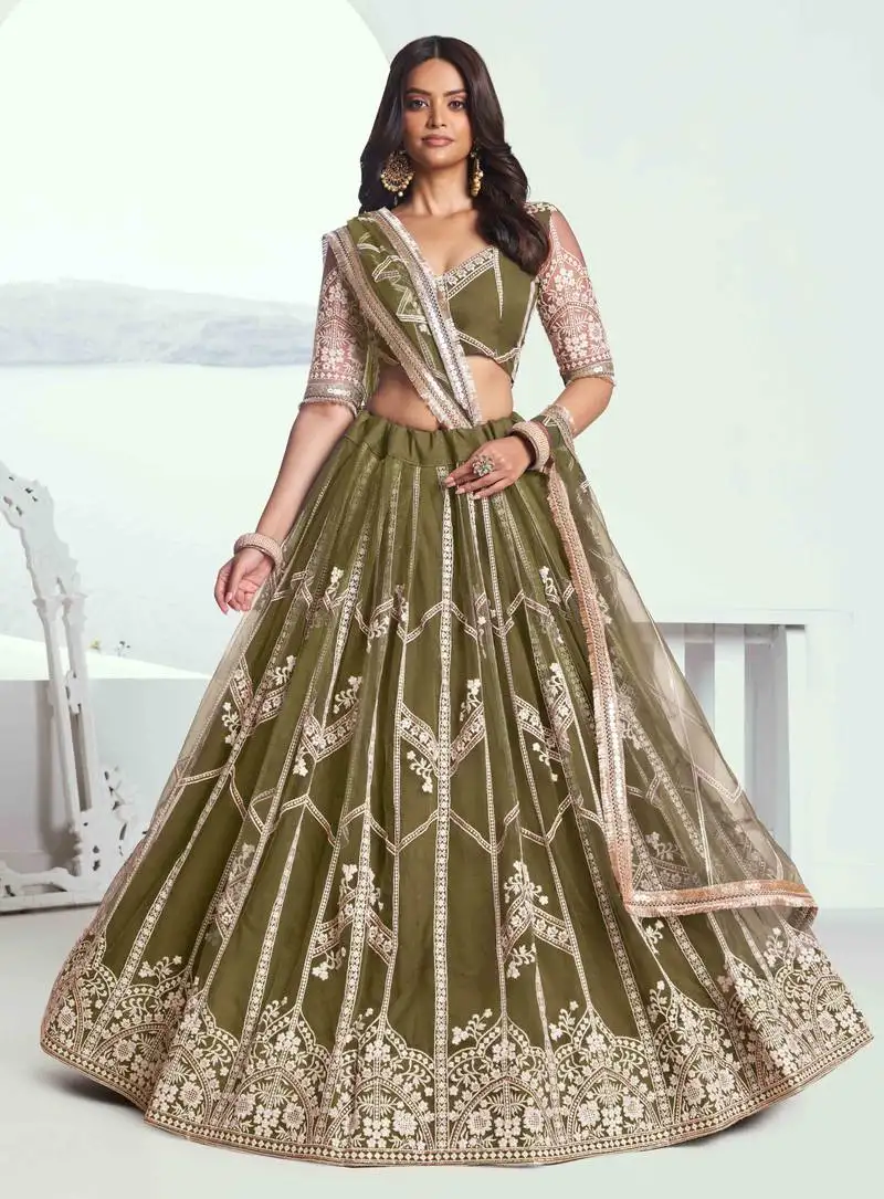 Mehandi green net fabric lehenga with sequins and thread embroidery work
