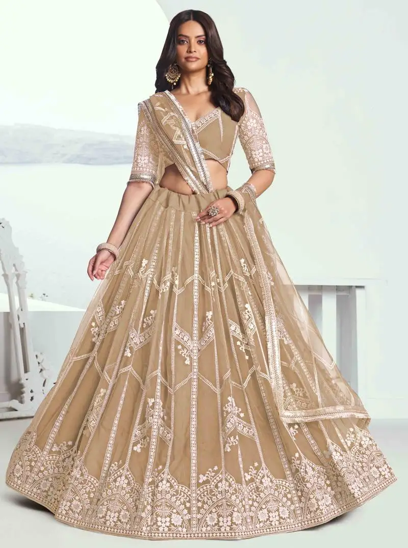 Beige net fabric lehenga with sequins and thread embroidery work