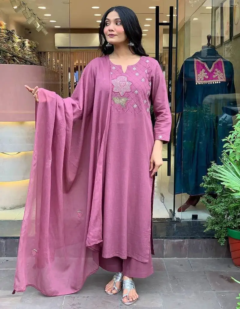 Women's gorgeous embroidery cotton fabric stright kurta pant with dupatta set