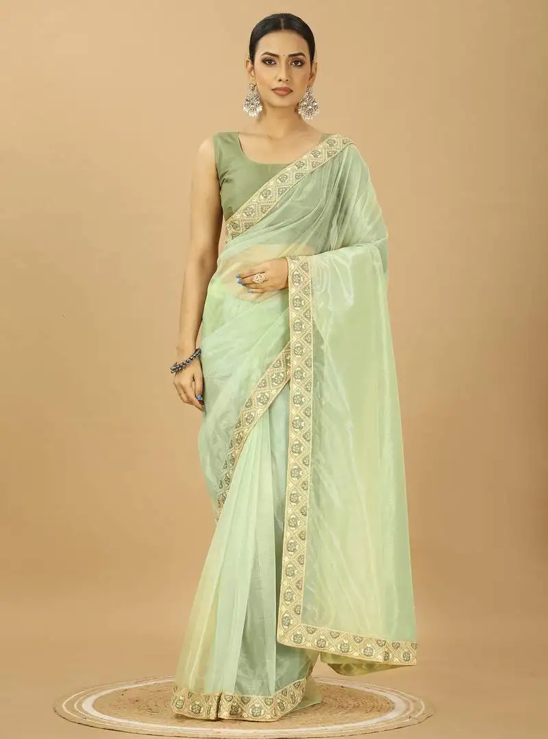 Light green twill net saree with embroidery less and blouse