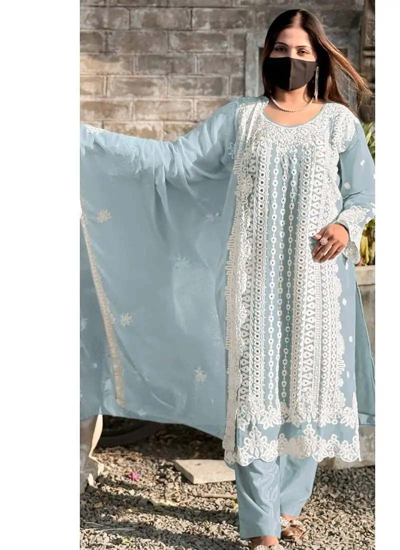 sky blue georgette straight suit for women semi stitched