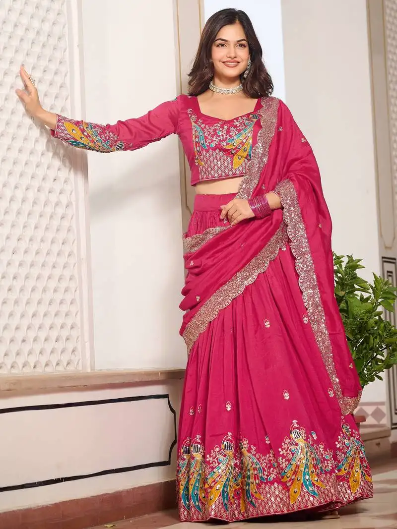 Pink silk thread embroidered lehenga choli with dupatta