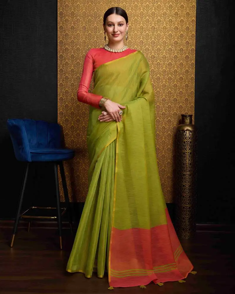 Pista green blend linen tissue contrust pallu saree with blouse